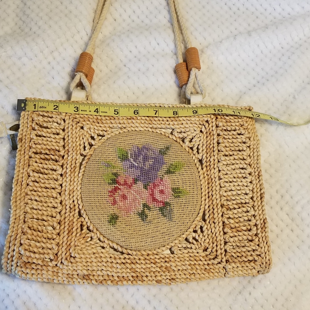 Vintage Heiress straw woven tan shoulder floral bag wn - Picture 7 of 14